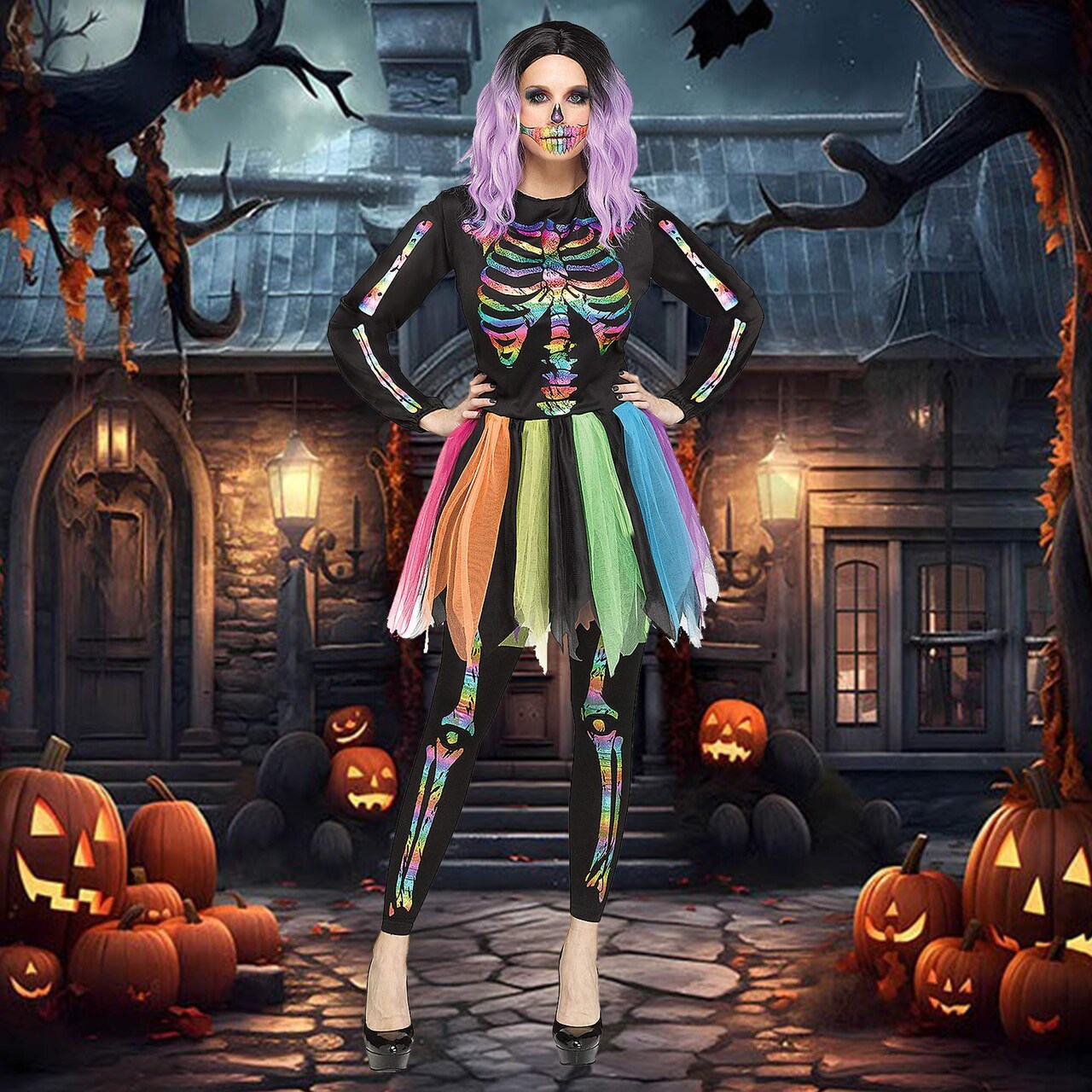 Skeleton Rainbow Foil Costume, Halloween Colorful Skeleton Jumpsuit Party Dress Up Outfit